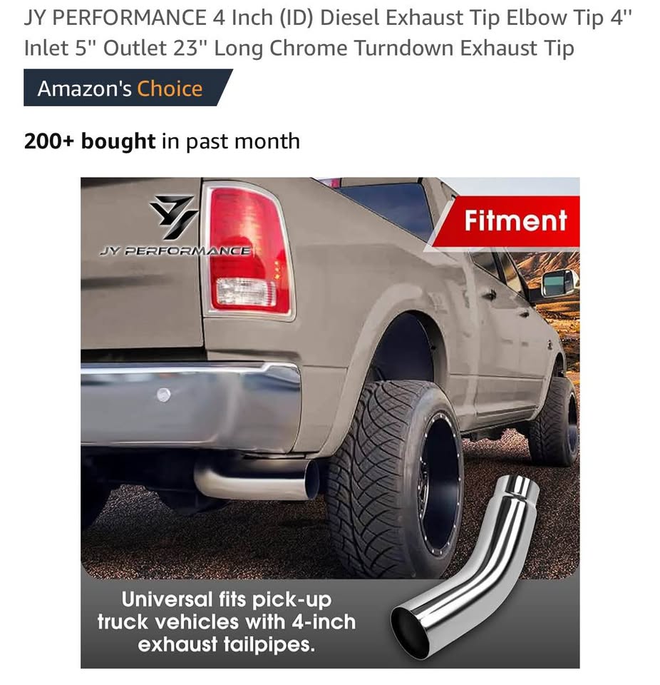 JY PERFORMANCE 4 Inch (ID) Diesel Exhaust Tip Elbow Tip 4'' Inlet 5'' Outlet 23'' Long Chrome Turndown Exhaust Tip