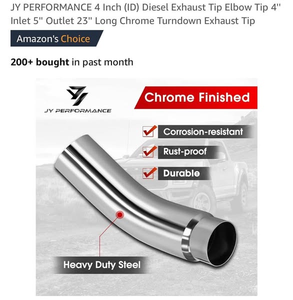JY PERFORMANCE 4 Inch (ID) Diesel Exhaust Tip Elbow Tip 4'' Inlet 5'' Outlet 23'' Long Chrome Turndown Exhaust Tip