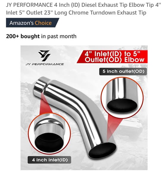 JY PERFORMANCE 4 Inch (ID) Diesel Exhaust Tip Elbow Tip 4'' Inlet 5'' Outlet 23'' Long Chrome Turndown Exhaust Tip