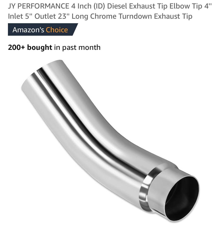 JY PERFORMANCE 4 Inch (ID) Diesel Exhaust Tip Elbow Tip 4'' Inlet 5'' Outlet 23'' Long Chrome Turndown Exhaust Tip