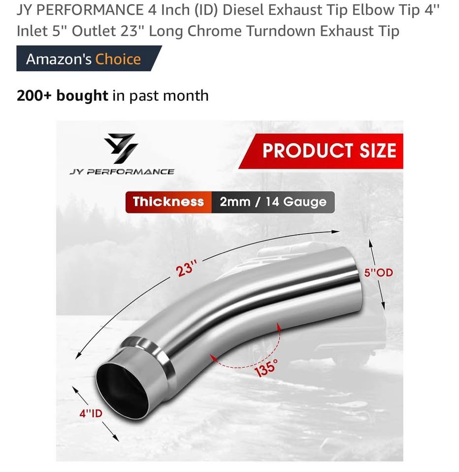 JY PERFORMANCE 4 Inch (ID) Diesel Exhaust Tip Elbow Tip 4'' Inlet 5'' Outlet 23'' Long Chrome Turndown Exhaust Tip
