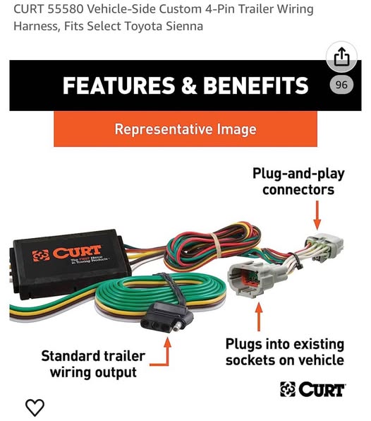 CURT 55580 Vehicle-Side Custom 4-Pin Trailer Wiring Harness, Fits Select Toyota Sienna 2004-2010