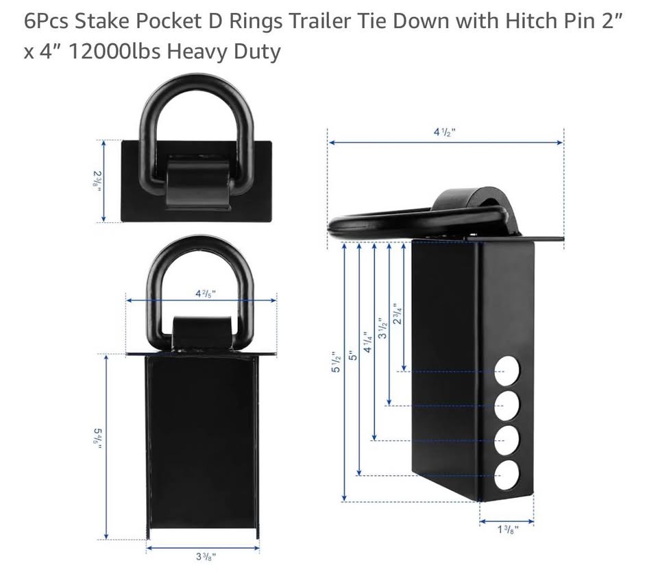6Pcs Stake Pocket D Rings Trailer Tie Down with Hitch Pin 2” x 4” 12000lbs Heavy Duty