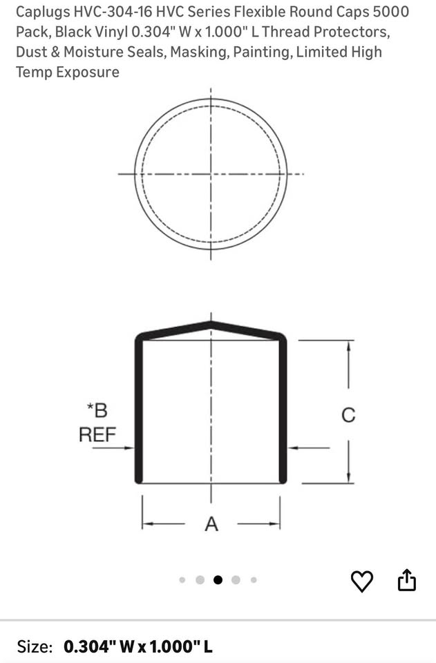 HVC-304-16 HVC Series Flexible Round Caps, Black Vinyl 0.304" W x 1.000" L Thread Protectors