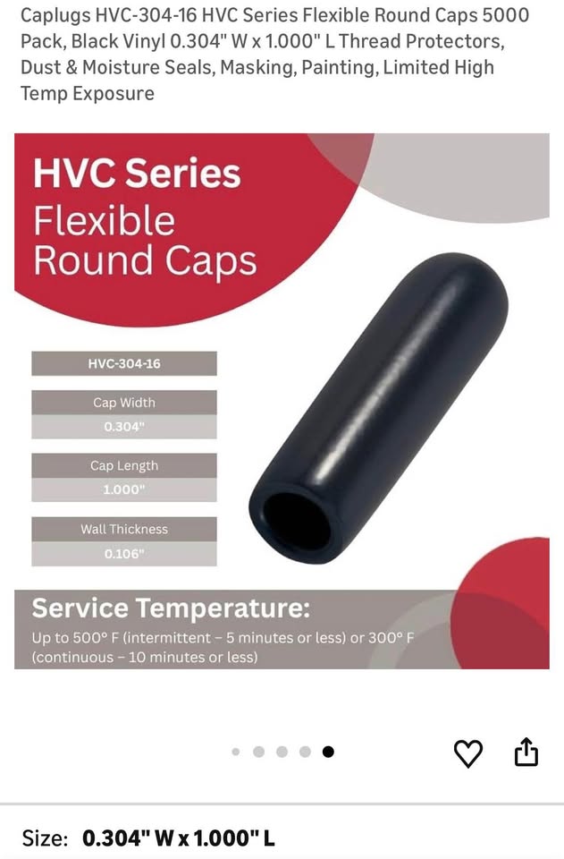 HVC-304-16 HVC Series Flexible Round Caps, Black Vinyl 0.304" W x 1.000" L Thread Protectors